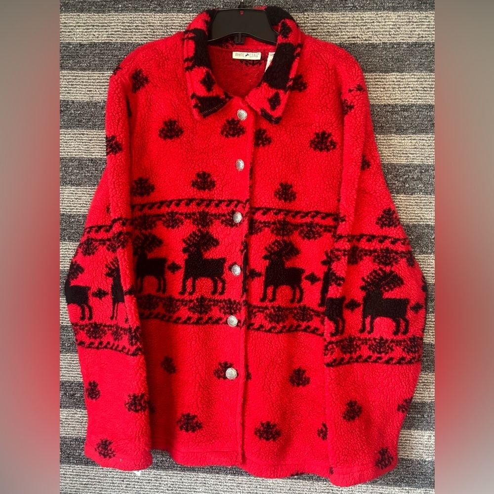 Vintage White Stag Red and Black Festive Sherpa Jacket Sweater Women’s XL EUC